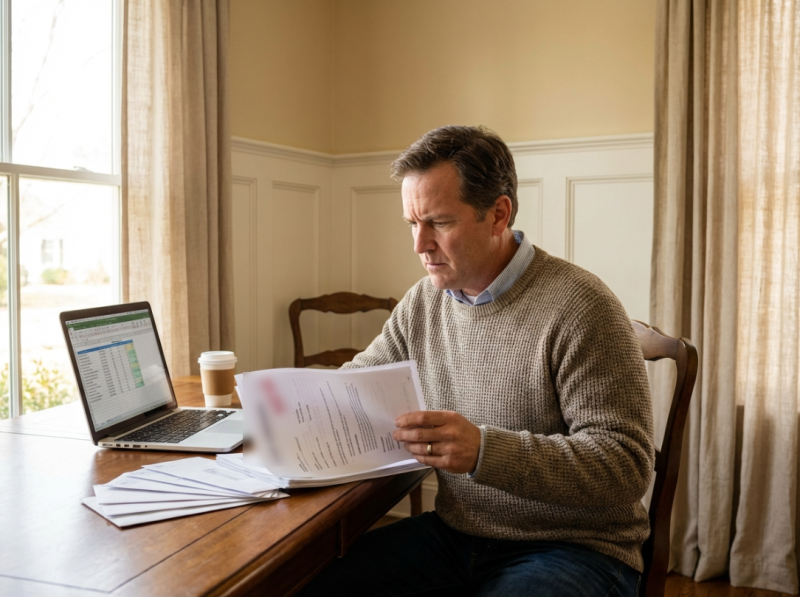 Propriétaire préoccupé consultant des documents de loyer en impayé